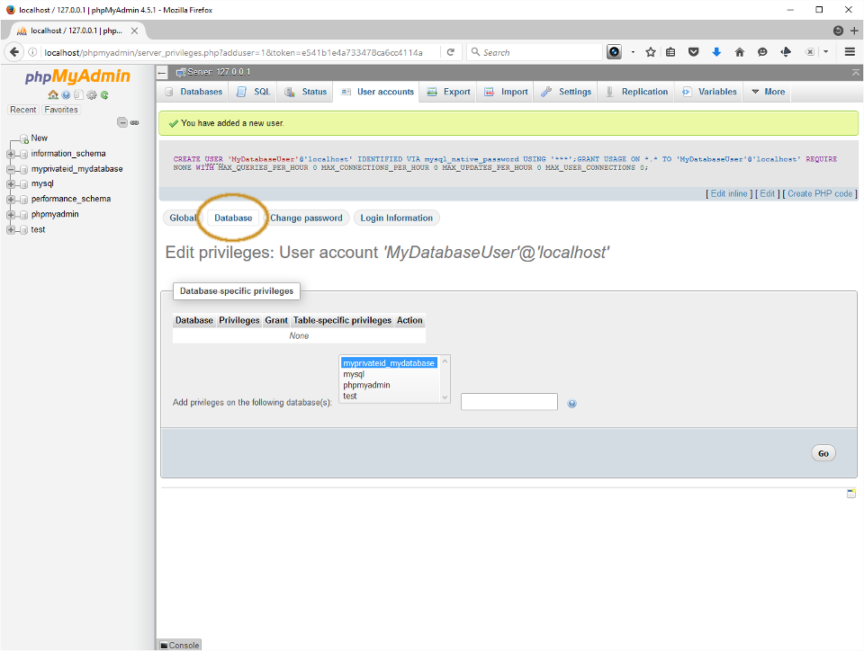 Screenshot showing user added and new database selected under Database-specific privileges in PHPMyAdmin.
