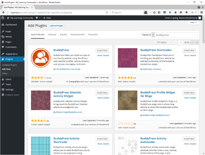 Screenshot of WordPress plugin search results for BuddyPress.