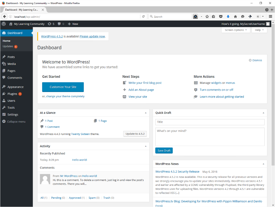 The screenshot shows a freshly launched WordPress site with updates flagged.