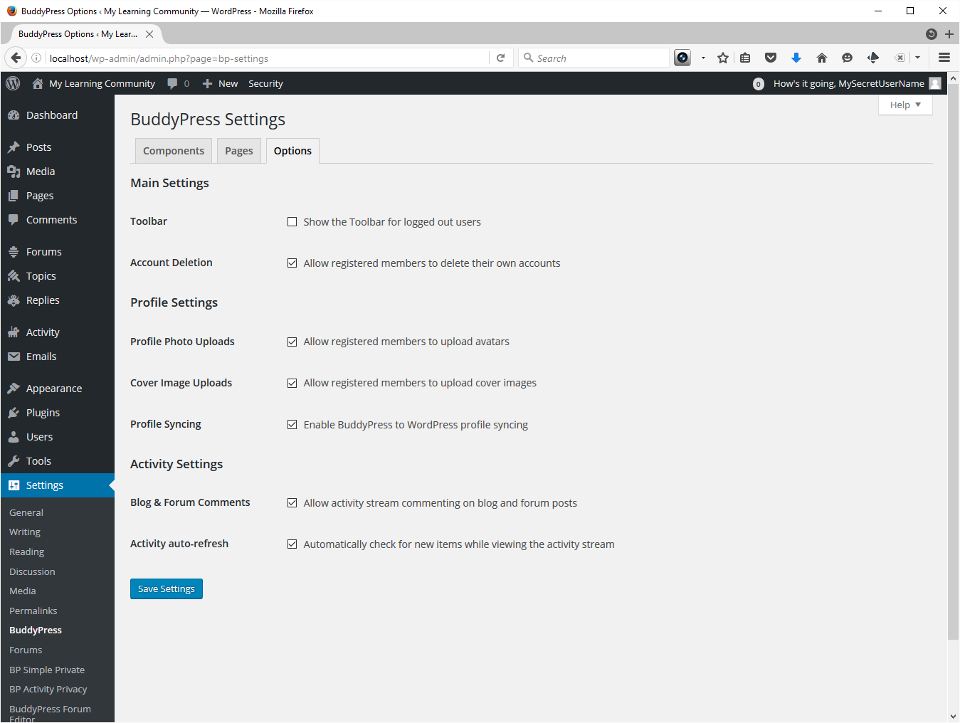 Screenshot showing BuddyPress Options setup. I turn on everything except Show the Toolbar for logged out users.