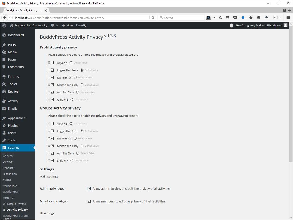 Screenshot showing BuddyPress Activity Privacy. I disable Anyone and set the default to Logged in users.