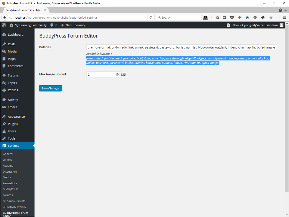 Screenshot showing BuddyPress Forum Editor that enhances the forums WYSIWYG editor. I copy paste the entire list of options into the field and press Save.
